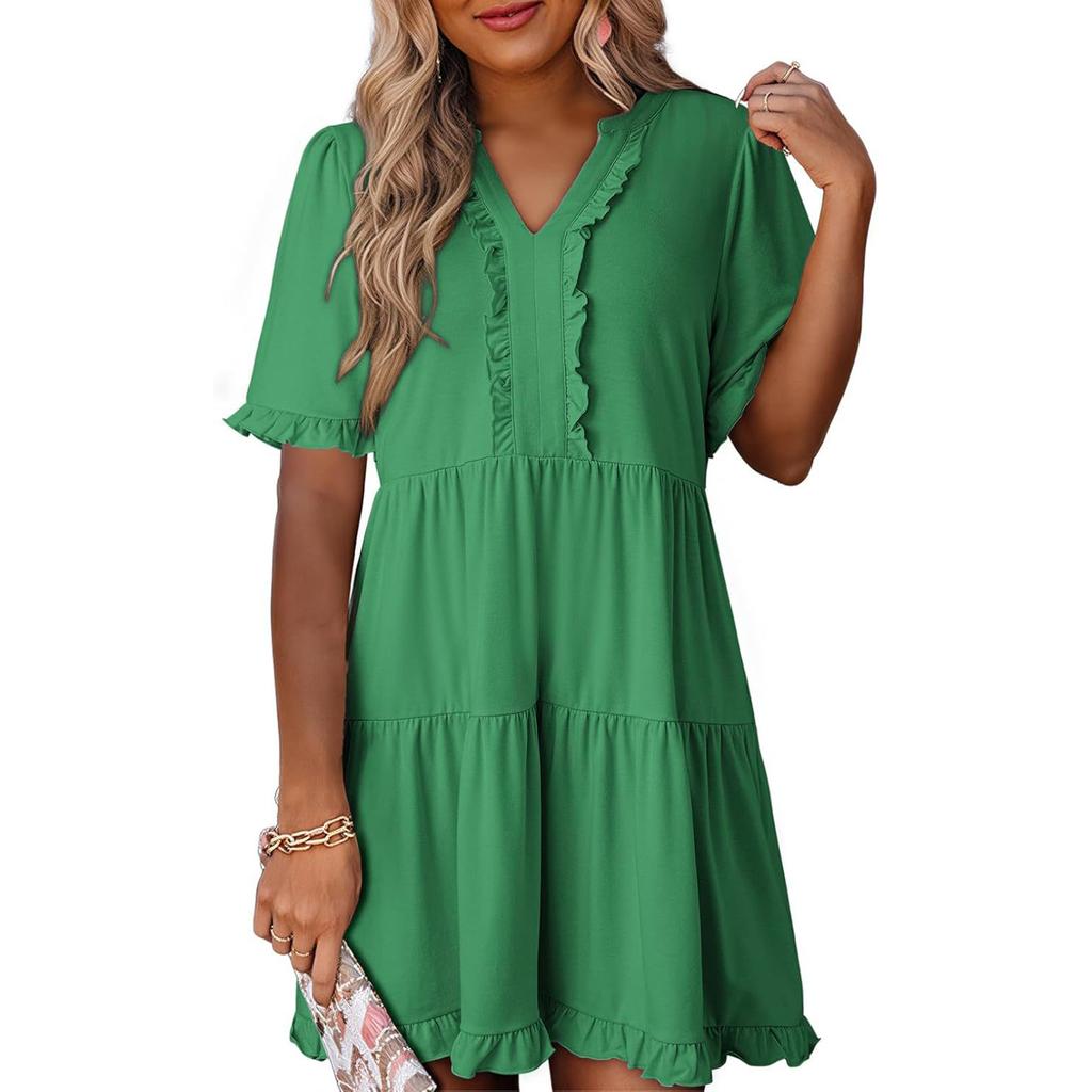 Women's Fashion Casual Ruffled Dress Short Sleeve V-Neck Large Swing Dress