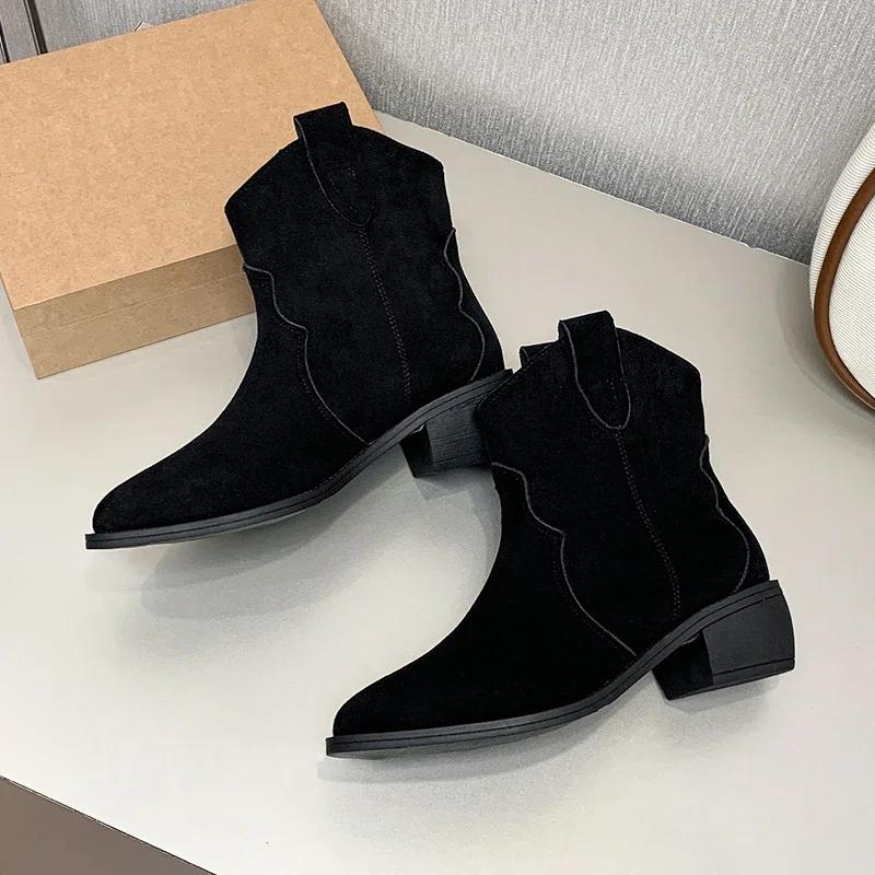 4.5cm High Heel Boots Soft Suede Solid Color Women Autumn Shoes Mid-Calf Breathtable Motorcycle Boots Plus Size 43