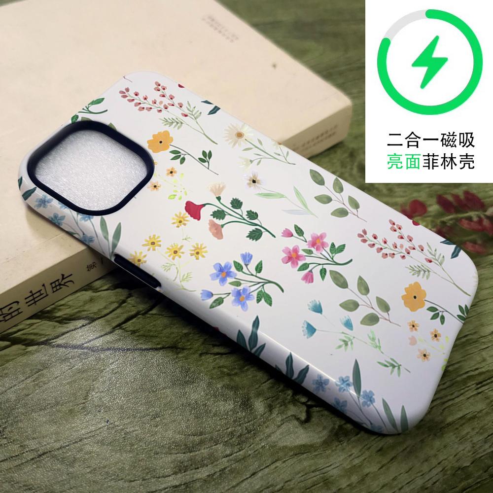 Foreign trade hot-selling fresh hand-painted wildflower mobile phone case iPhone17 two-in-one film case 15pm magnetic apple case
