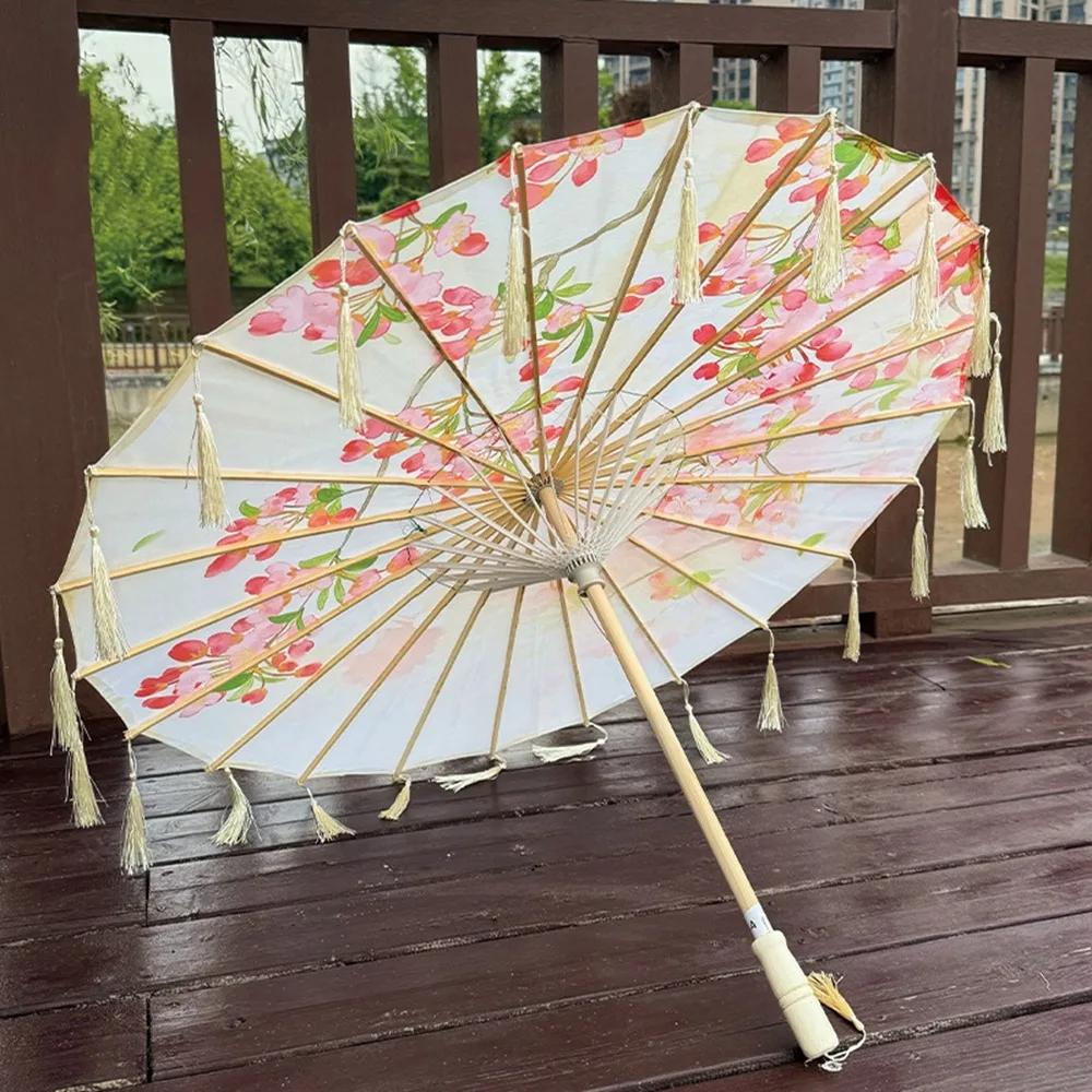 

70cm Silk Fabric Tassel Umbrella Handheld Rainproof Classical Oil Paper Umbrella Decorative Chinese Style Tassel Umbrella Solid Wood&24K