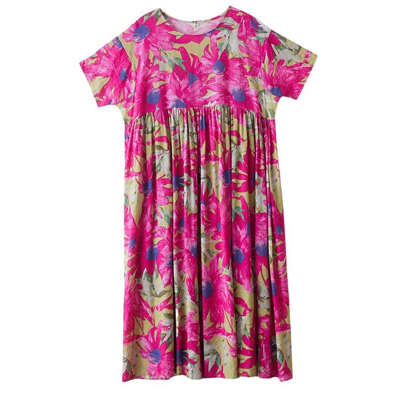 Simple Bohemian Long Dress Summer New Fat Plus Short Sleeve Crew Neck Printing with Women's Clothing