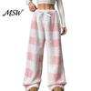 Loose Fit Casual Pants Women Plaid Wide Leg Pants, Drawstring High Waist Thick Coral Fleece Breathable Thermal Lounge Trousers Warm Loungewear,