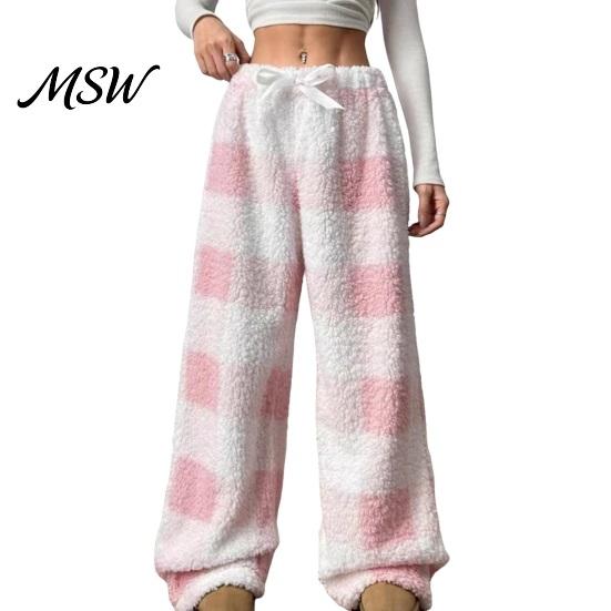 Loose Fit Casual Pants Women Plaid Wide Leg Pants, Drawstring High Waist Thick Coral Fleece Breathable Thermal Lounge Trousers Warm Loungewear,