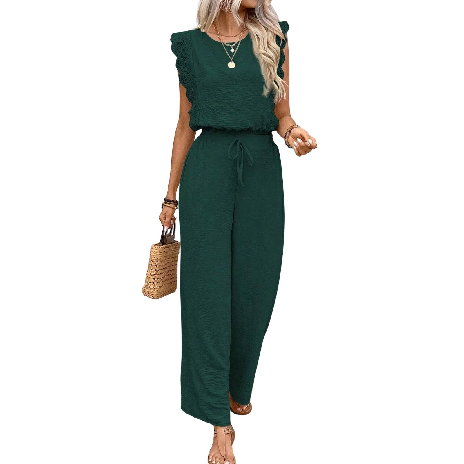 

Women s Loose Casual Color Ruffled Sleeve Round Neck Drawstring Pants Set L
