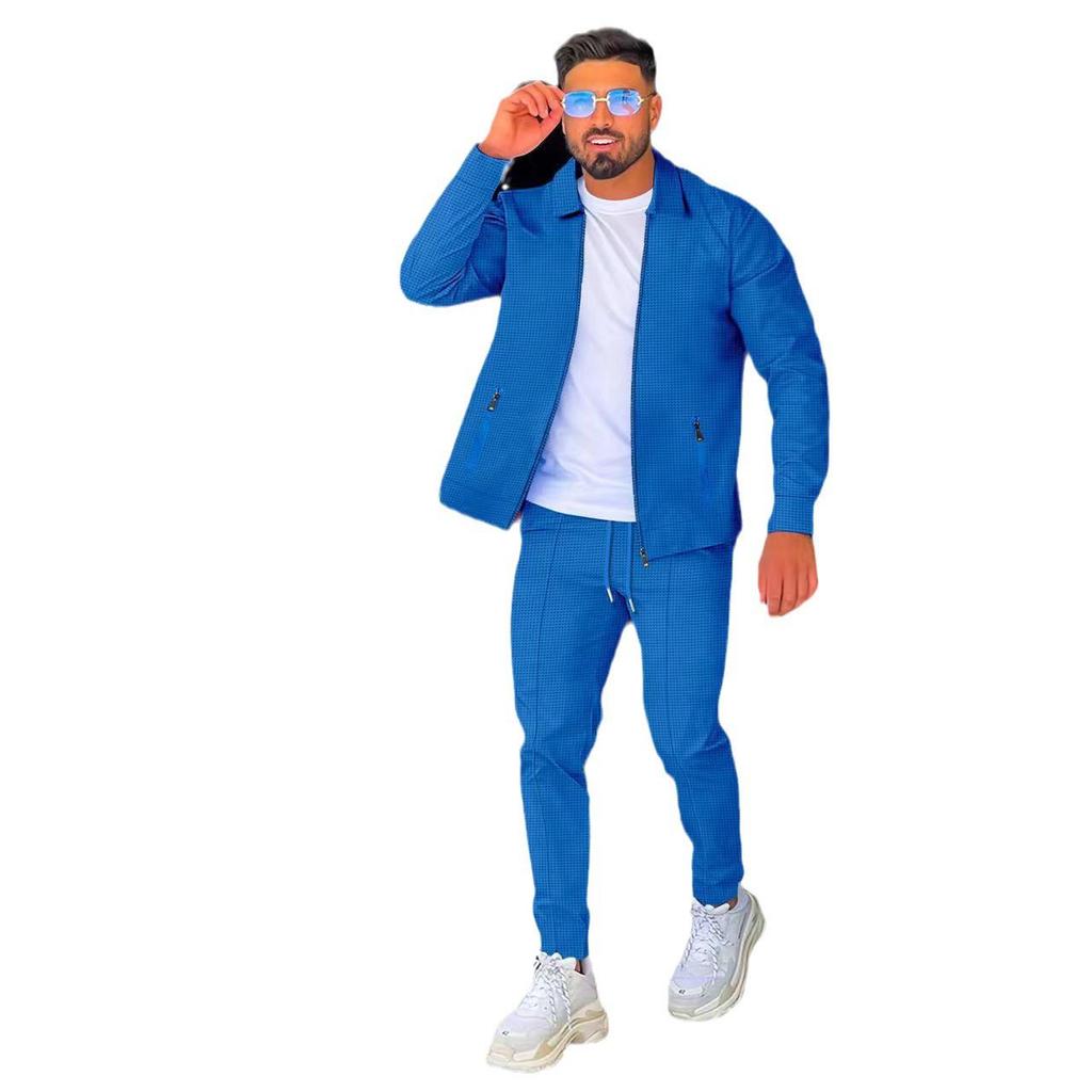 2024 Men's Autumn Waffle Solid Color Jacket and Trousers Set with Zipper Pockets