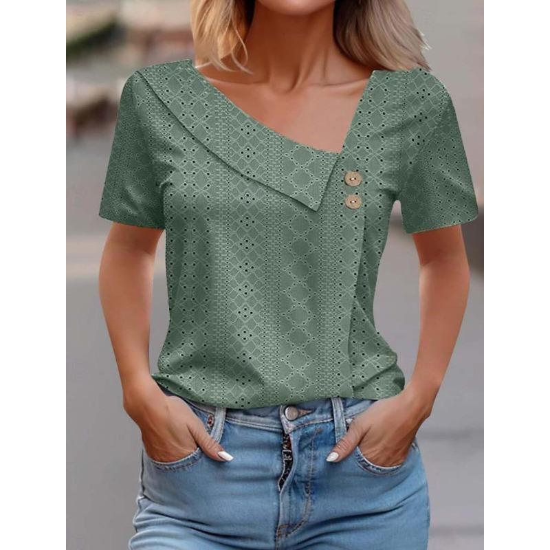 

women s Eyelet Textured Asymmetrical V Neck Button Decor Short Sleeve T Shirt Casual Loose Fit Top 2XL зелений