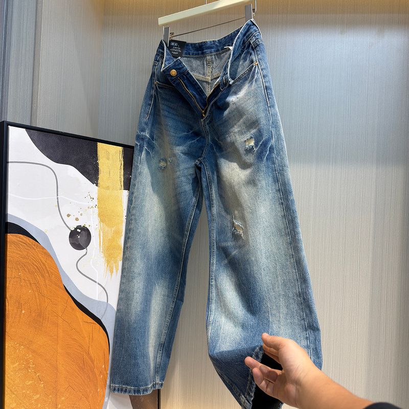 Men s Spring and Autumn Loose Fit High Street Style Washed Denim Jeans, European Fashion American Cool Trendy Men s Pants Blue EUR33