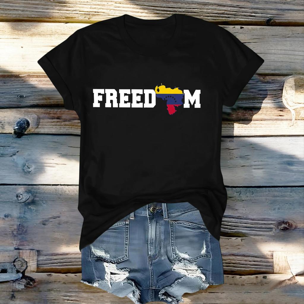 Women's Fashionable Round Neck Casual Retro Print Short Sleeved T-shirt Top