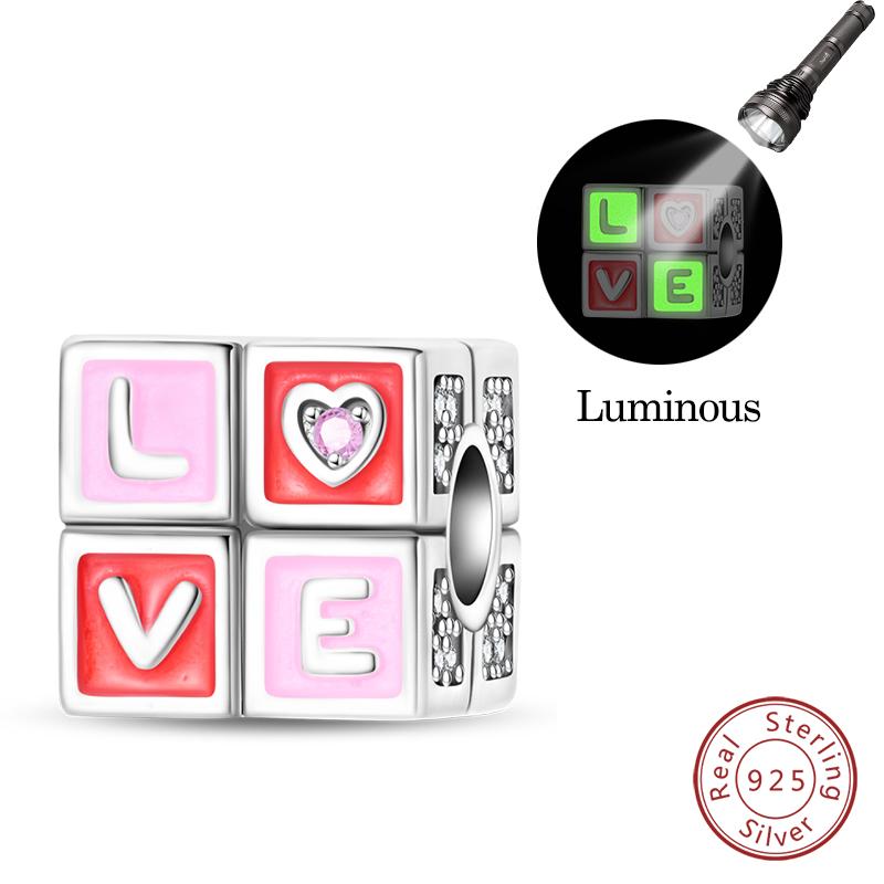 Copper Pink Love Series Charm Love Cube Little Bear Luminous Pendant Fit Original Bracelet Romantic Wedding Jewelry