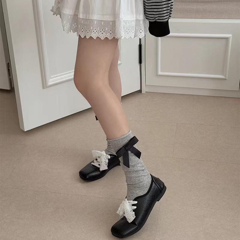 Black, White and Grey Bow Mid-calf Socks, White Ballet-style Socks, Princess-style Autumn Trendy Socks