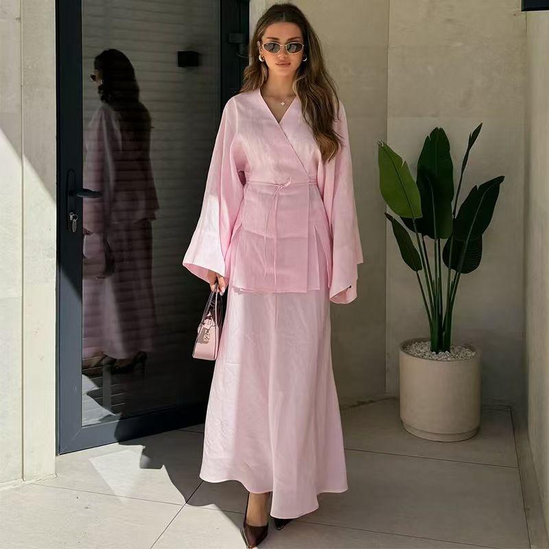 

Европейский и американский новый однотонный кардиган с V-образным вырезом на шнуровке, топ, комплекты юбок с высокой талией, комплект из рубашки и юбки Pink XXL