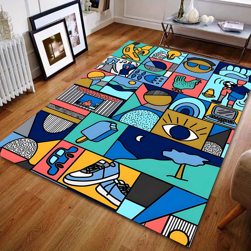 Grid Cartoon Picture Print Carpet for Living Room Bedroom Bedside Sofa Floor Mat Modern Home Decor Aisle Corridor Area Rug