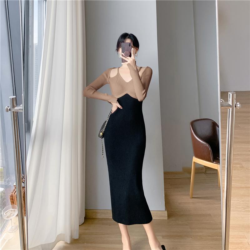 Французское винтажное хип-хоп трикотажное длинное платье женское осенне-зимнее элегантное — фото 20