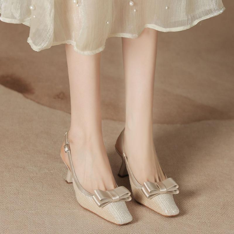 

H838-6 Босоножки на высоком каблуке Half Baotou, женские стельки из овчины с бусинами, пустые сандалии, женская универсальная обувь для детей 40 абрикосовый