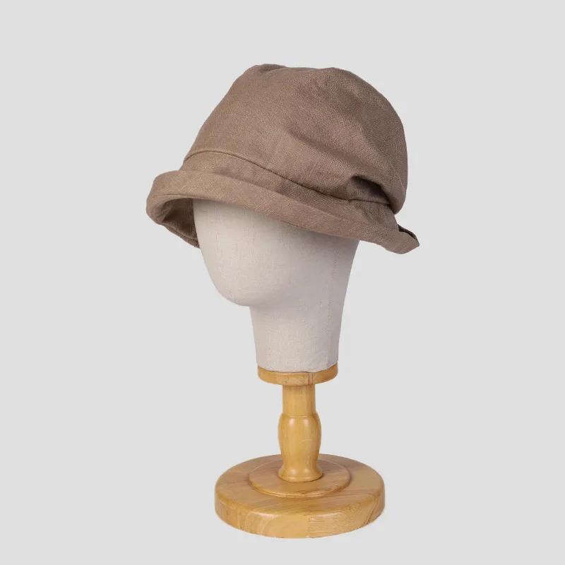 Freedom Outdoors Women's Khaki Japanese Cotton Linen Pleated Fisherman Hat Small Brim Summer Uv Resistant Breathable Linen Bucket Hat Wrapped Head 56-58Cm