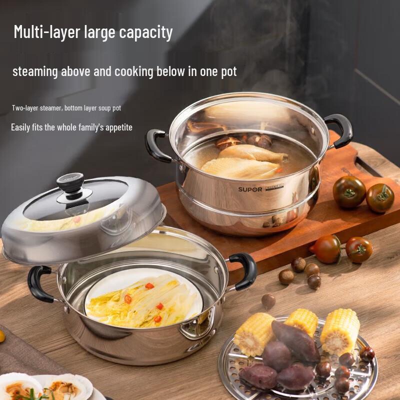 SUPOR 34cm 3-Layer 304 Stainless Steel Steamer Pot with High Arch Lid