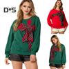Christmas Hoodie Women O-Neck Long Sleeve Plaid Print Bowknot Decor Sport Tops Loose Fit Casual Pullover Tops