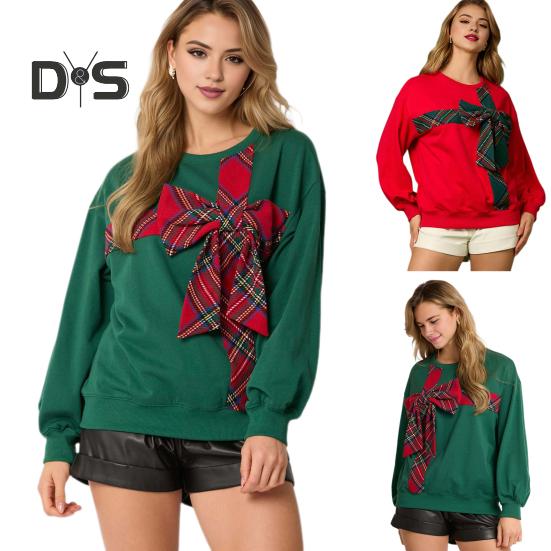 Christmas Hoodie Women O-Neck Long Sleeve Plaid Print Bowknot Decor Sport Tops Loose Fit Casual Pullover Tops