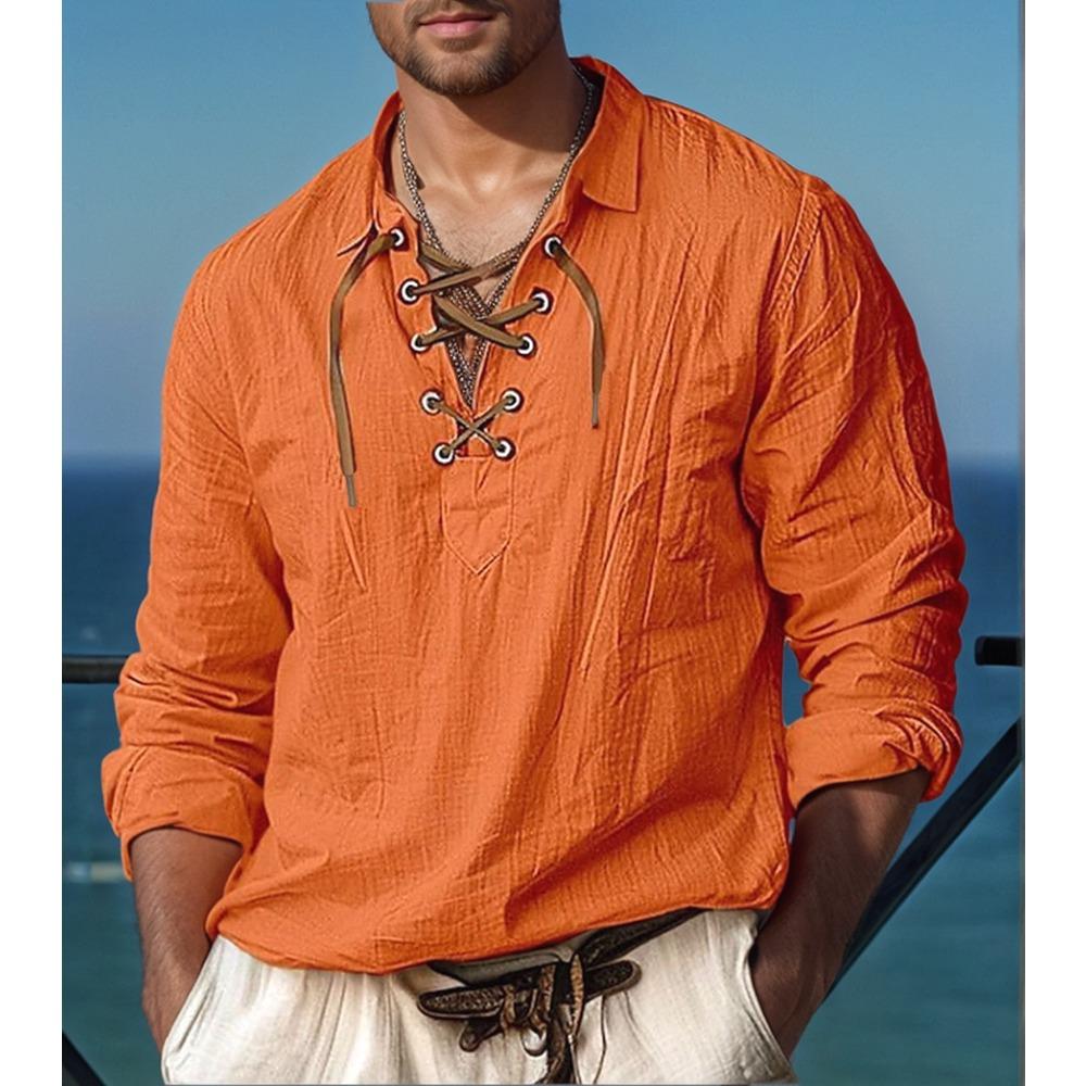 Men's 100% Linen Shirt Long Sleeve Lace Up Neck Casual Spring Summer Breathable Shirts Men Clothing