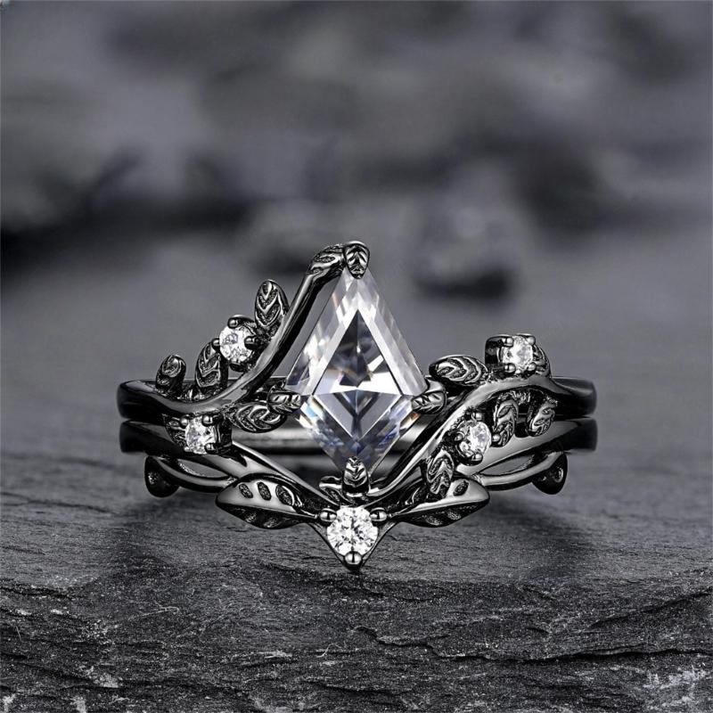 2Pcs/Set Black Multi Faceted Polygon Zircon Ring Comfortable Wear Finger Ring Fashion Jewelry for Everyday Wear