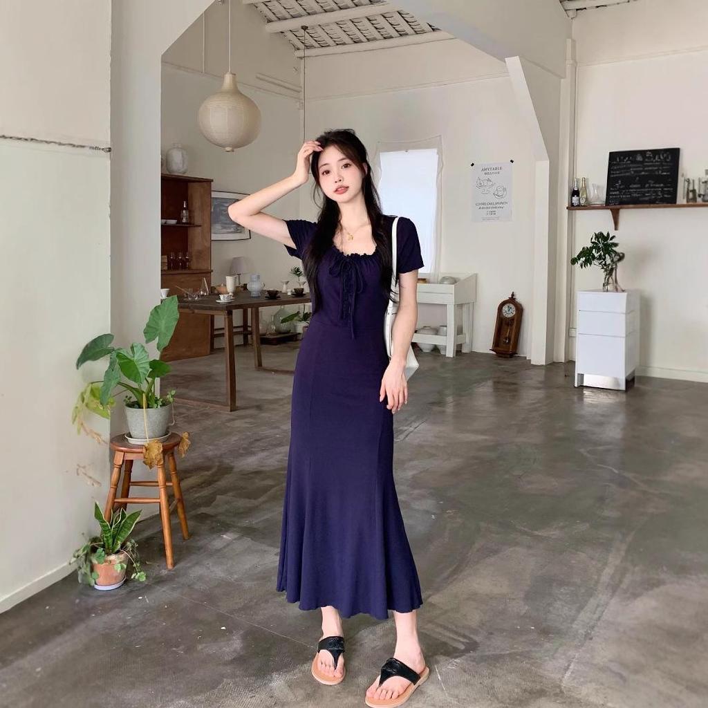 Navy Blue Retro Slim Fit Midi Dress - Summer 2025 Collection