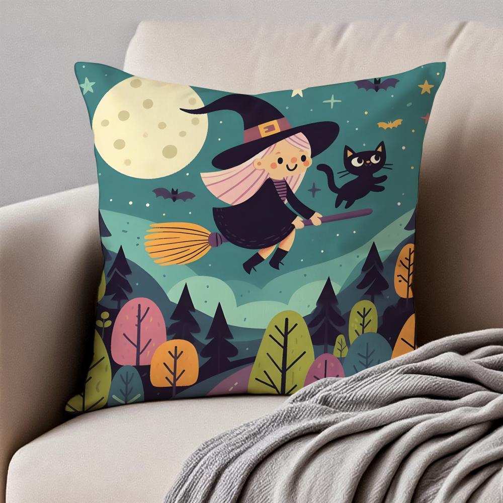 A Cute Cartoon Witch Childlike Art Cushion Cover Pillowcase Antidustmite Invisible Zipper Short Plush Sofa Cushion