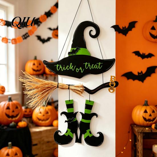 Witch Hat Wall Decor Halloween Boot Sign, Hanging Trick or Treat Decoration Reusable Sign for Home Room, Wooden Front Door Hanger Holiday