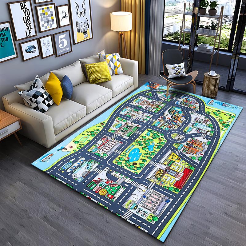 Colorful City Map Rug with Landmarks Non-slip Rug Suitable for Living Room and Bedroom Sofas.