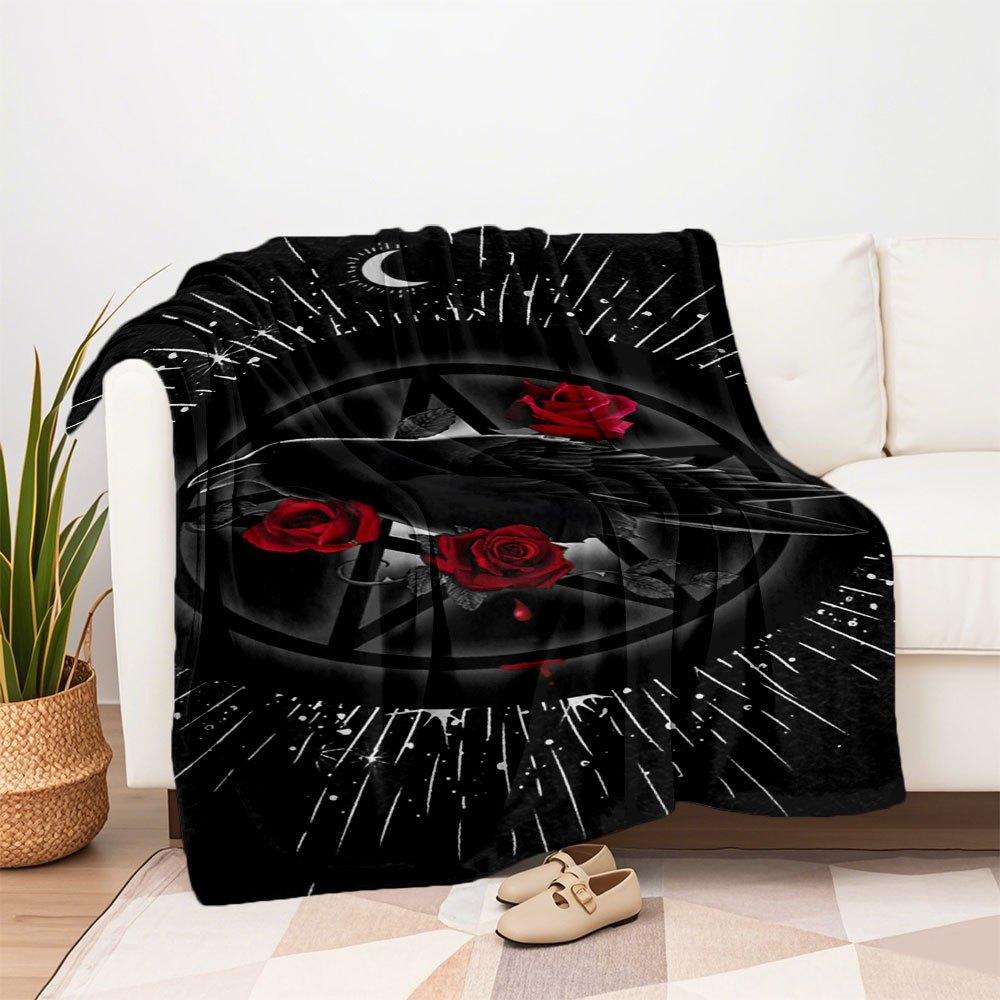 Gothic Raven & Rose Pentagram Phone WallpaperBlanket Flannel Throw Blanket for Sofa, Bed, Travel, Camping, Office, Couch, Chair, And Bed Gif