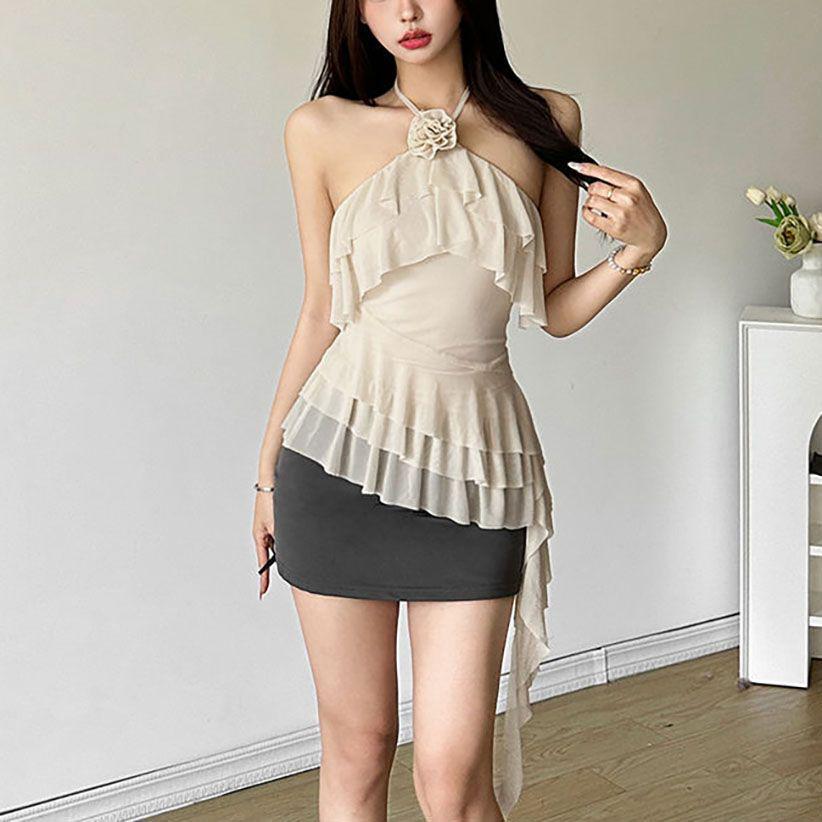 Chic 3D Rose Halter Crop Top - Women's Ruffled Irregular Summer Style