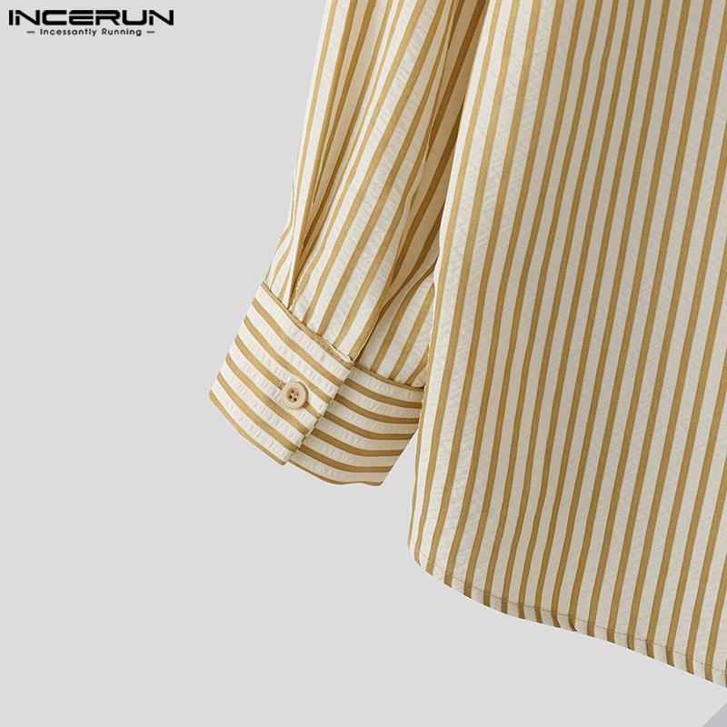INCERUN S-5XL Men Turn-down Collar Tie Long Sleeve Striped Casual College Style Shirts