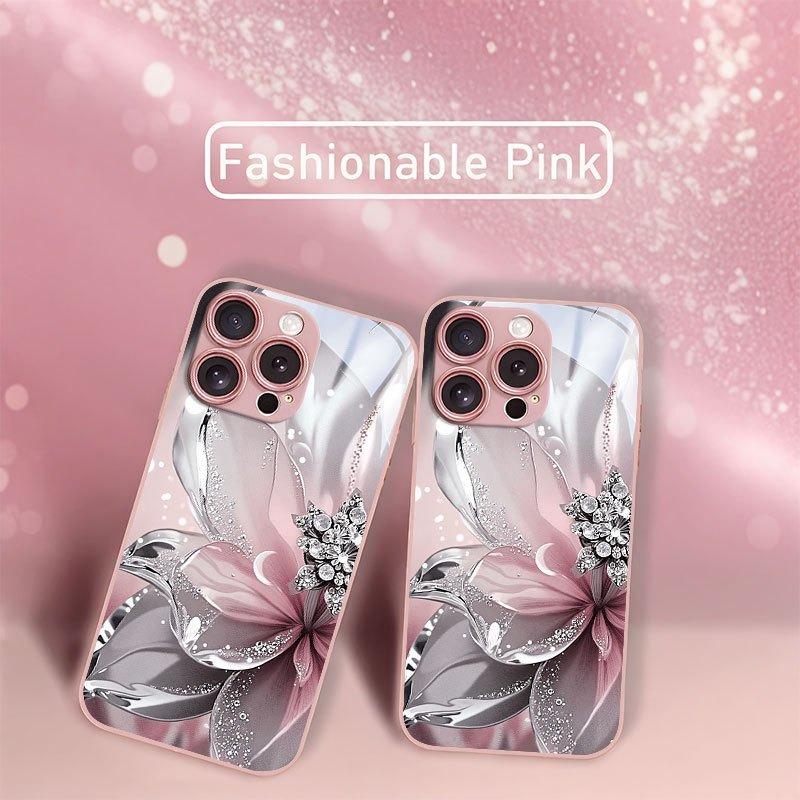 Silver Textured Flowers Pattern Pink Metallic Glass Phone Case For iPhone 11 12 13 14 15 16 17 Pro Max 15 Plus 17 Air 16E Cover