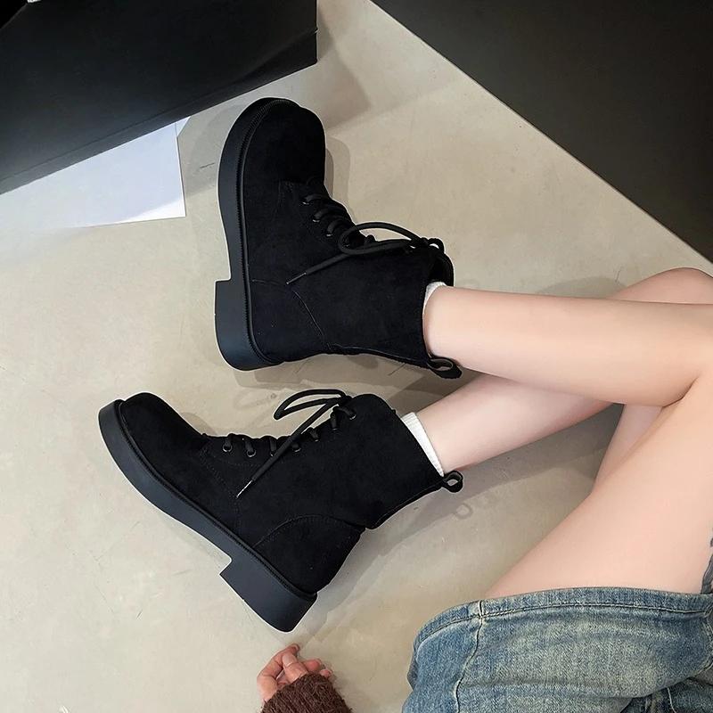 Fashion Lace-up Suede Booties Autumn and Winter New Round Toe Soft Sole Non-slip Wear-resistant Block Heel Women's Shoes