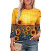 Women's Casual Round Neck Slim Sunflower Print Pleated Seven Sleeve Top