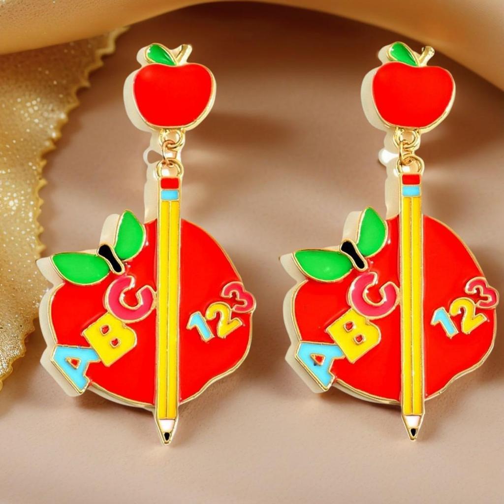 Metallic Apple Letter Pencil Earrings - Fashion Accessory for Back-to-School, Christmas & Halloween