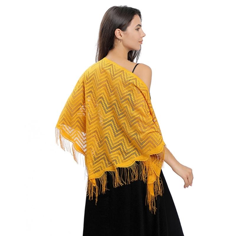 Women's Triangle Lace Shawl with Tassels Waved Shoulder Wrap Shawl Scarf for Bridal Gowns and Evening Parties