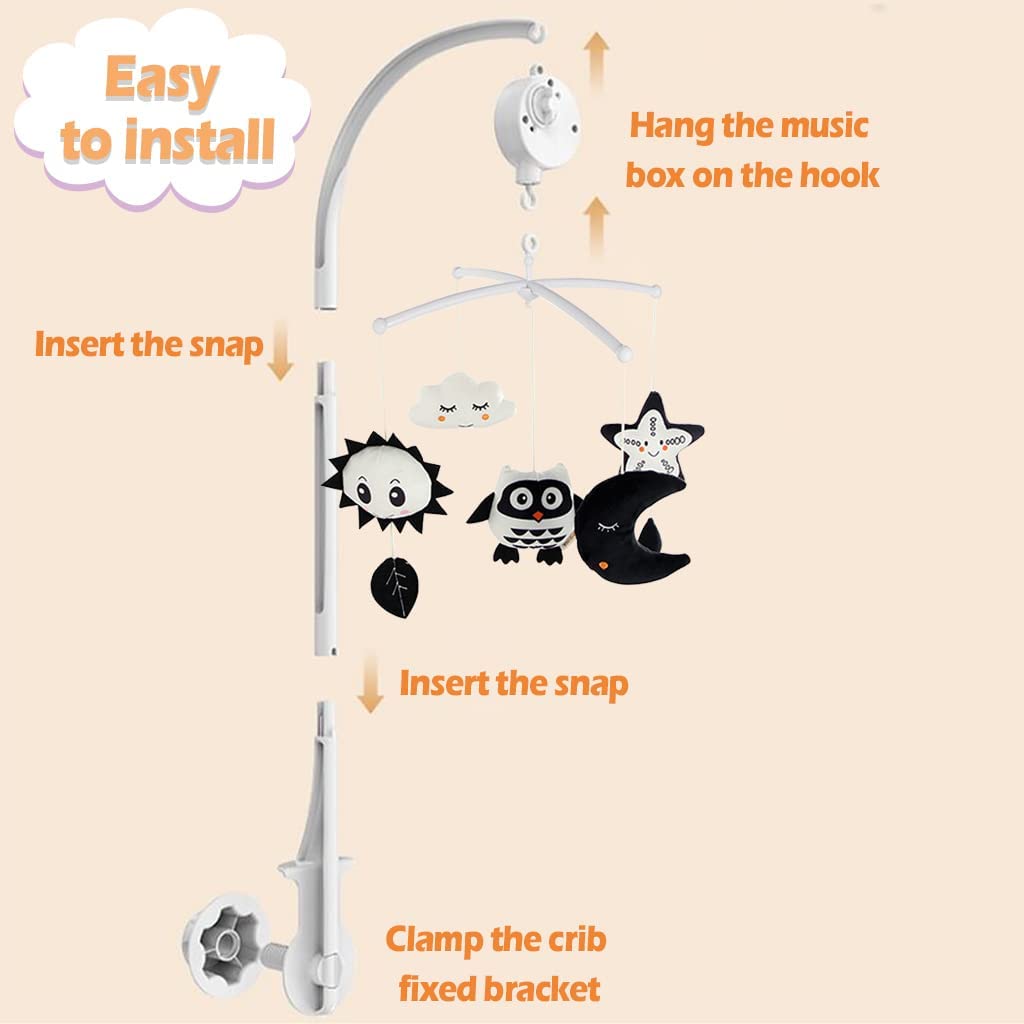 Baby Crib Mobile for Crib with Hanging Rotating Toys, Nursery Mobile with Music Box, Black and White Mobile for Baby Newborns 0-24 Months