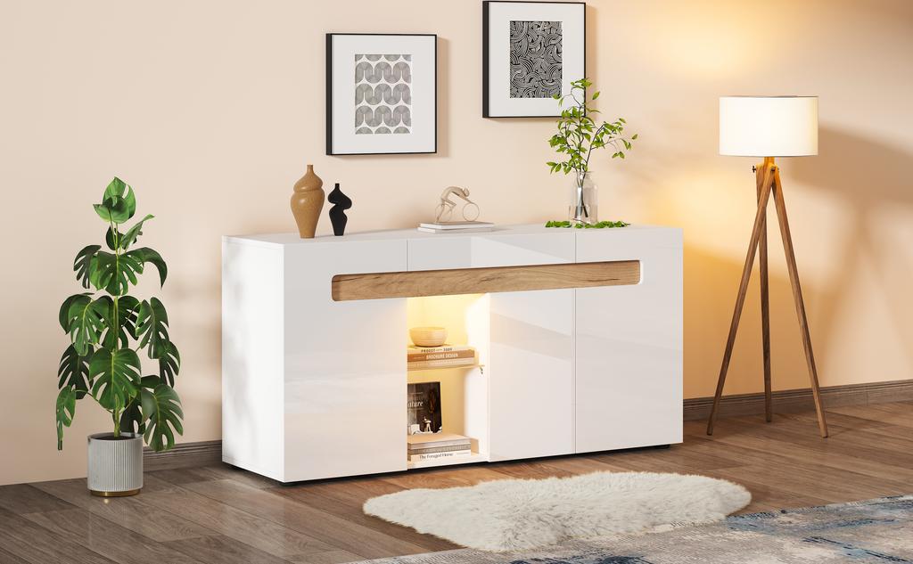 Modernes 3-türiges Sideboard, LED-Lichtsteuerung, App-Steuerung, 140x40x70 cm Hochglanz Wohnzimmermöbel, Weiß mit Glasboden, Aufbewahrungsschrank