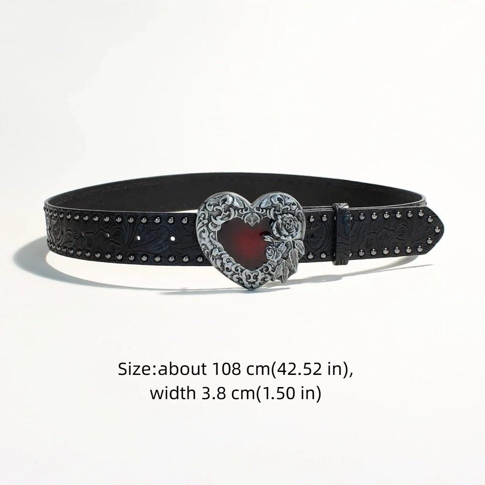 New Leather Heart-Shaped Belt Engraved Buckle Rivet Wide Waistband Belt Metal Rose Dress Waistband Gothic