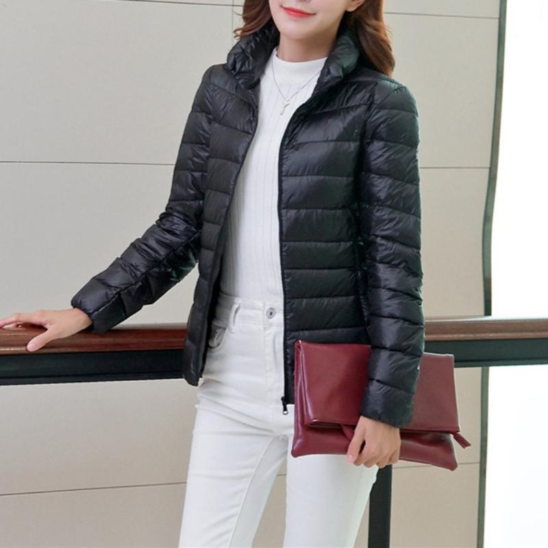 Women's Minimalist Solid-Color Down Jacket with Stand Collar Lightweight Style Plus Size Available