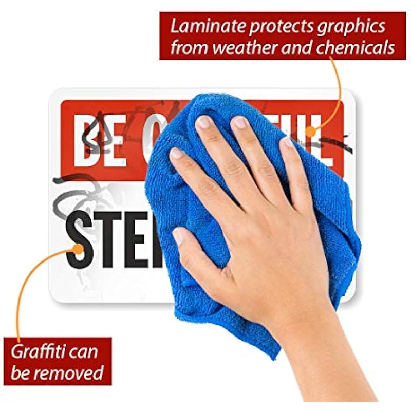 SmartSign - S-4404-EU-10 "Be Careful - Step Down" Label | 3inch" Laminated Vinyl Black/Red on White