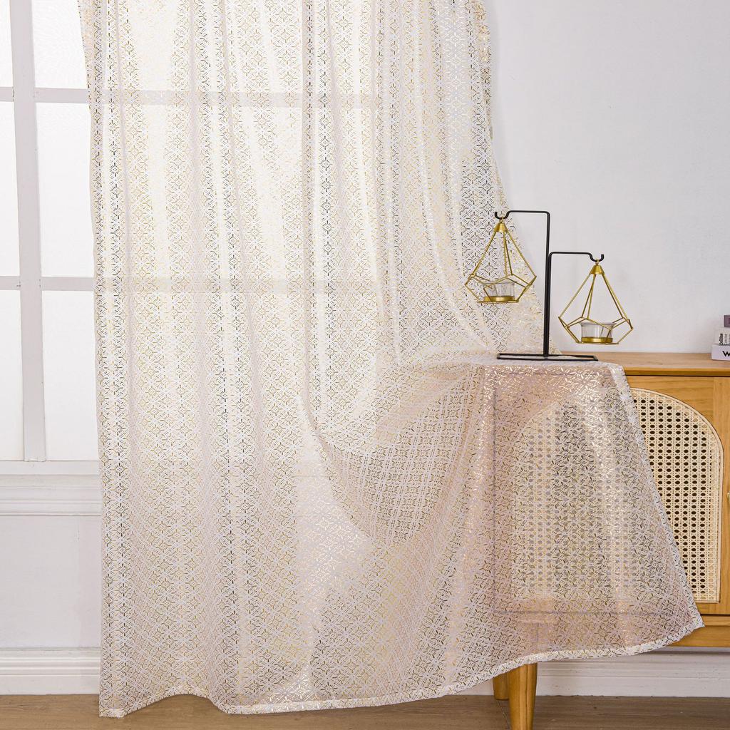 Living Room Sheer Curtain – European Embossed Pattern, Gold Foil, Semi-Blackout, Rod Pocket Window Drape, 1 Panel