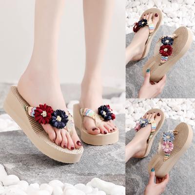 Women Weave Beach Breathable Sandals Home Slipper Flower Flip-Flops Wedges Shoes