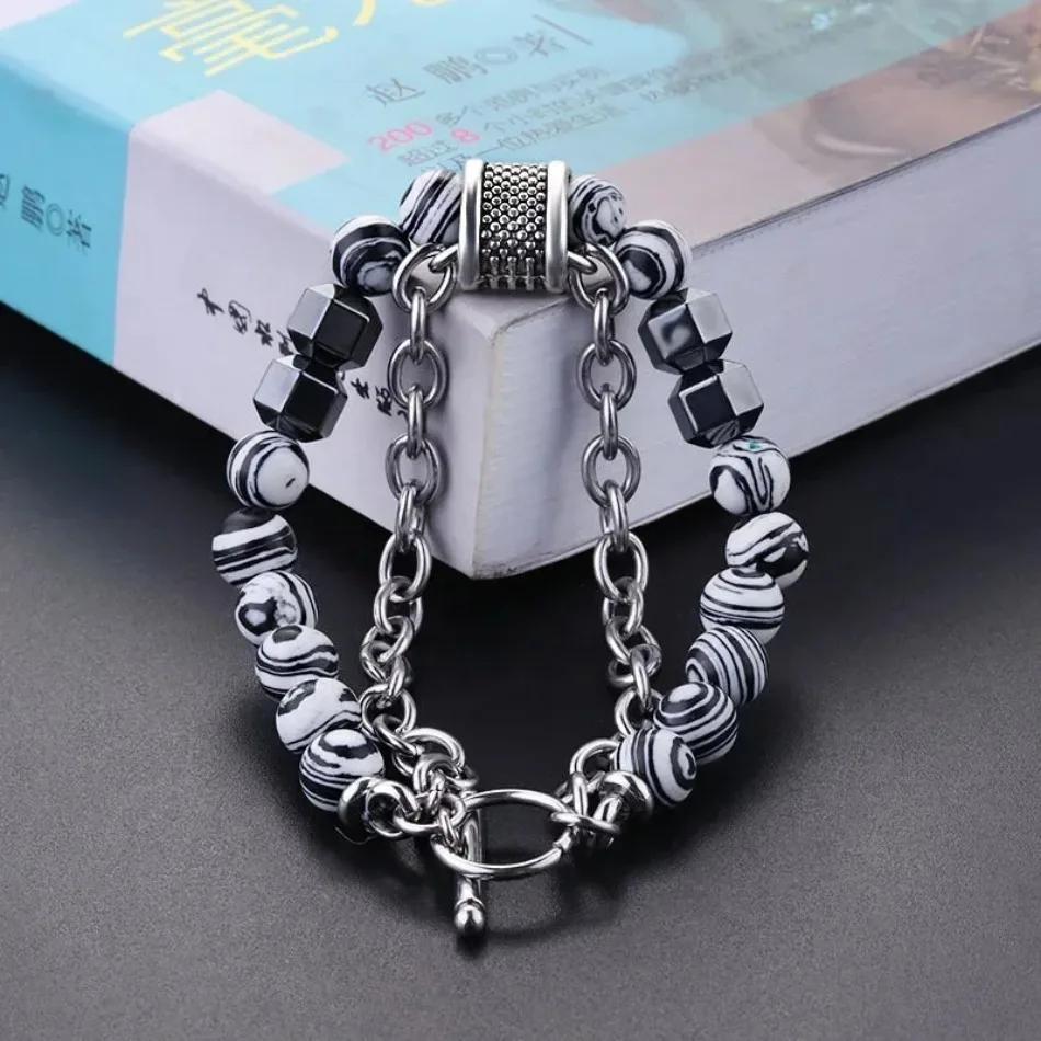 1 Pcs Rock Bead Gemstones Bangles Jewelry Stainless Steel Charm Natural Stone Beads Bracelet For Men