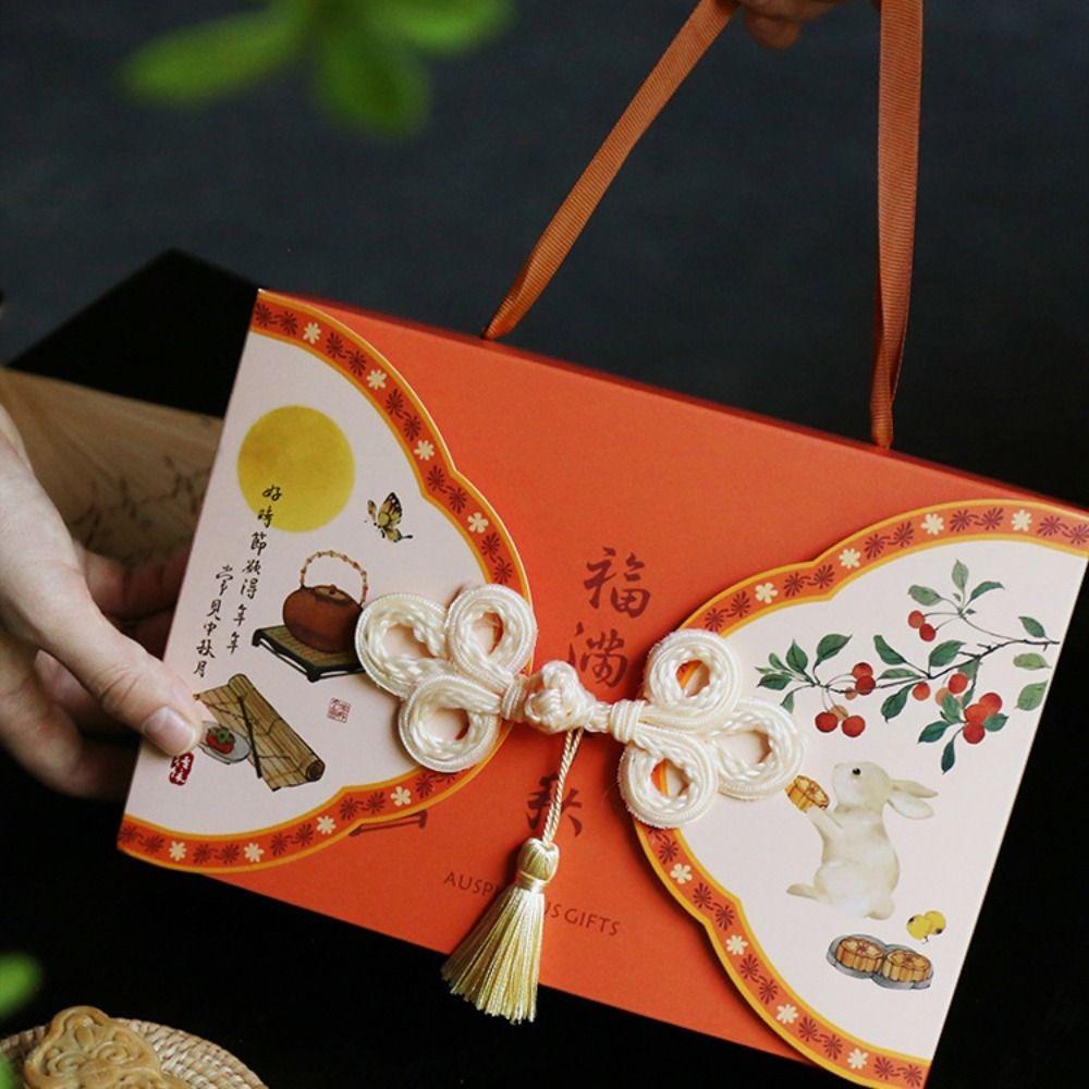 5 Piece 6 Grid Moon Cake Packaging Gift Box Chinese-Style Buttonhole Design with Tassel Egg Yolk Pastry Gift Box Paper Handmade
