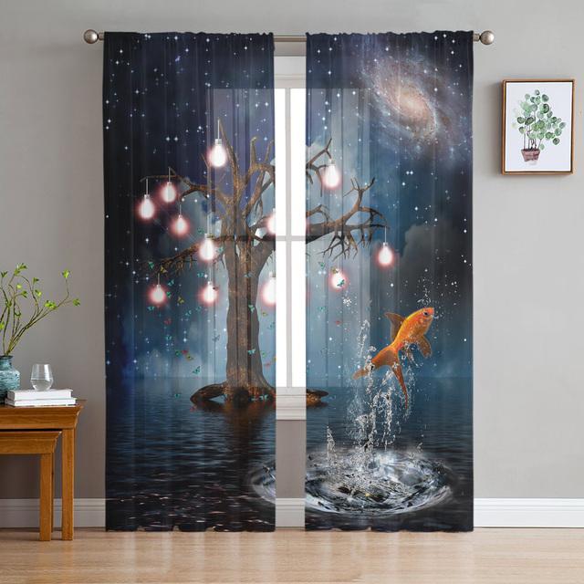 

Карп кои акварельные тюлевые шторы с прудом для домашнего офиса, декор окон, спальни, кухни, балкона, современная шифоновая прозрачная занавеска из вуали 1 PCS W600XH250cm