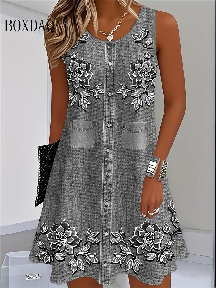 Women Summer Sleeveless Bohemian Dress Fashion Imitate Cowboy Vest Flowers Print Dress Casual Tank Beach Dresses For Women
