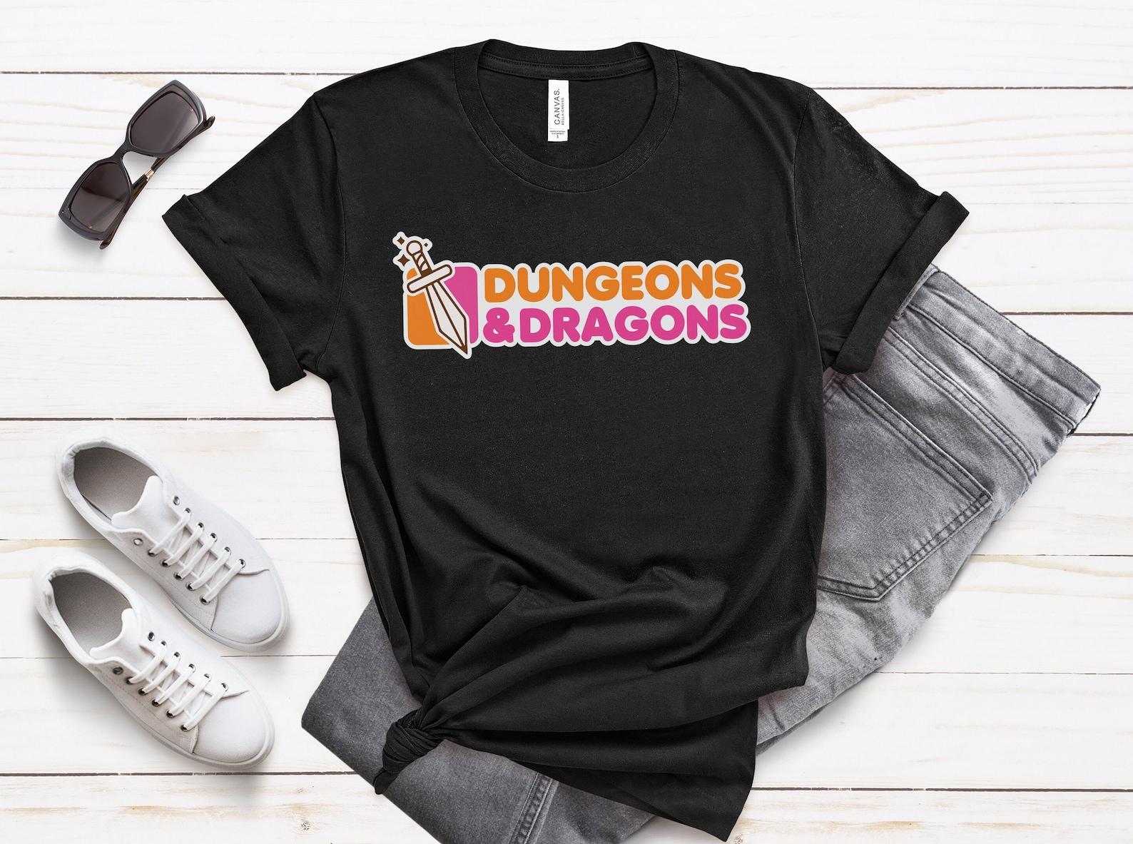 Dungeons & Dragons Dunkin Donuts Parody T-Shirt Tee for RPG Games Tabletop Gaming DND Dunkin Ideal Gift for DND Enthusiasts and DMs M