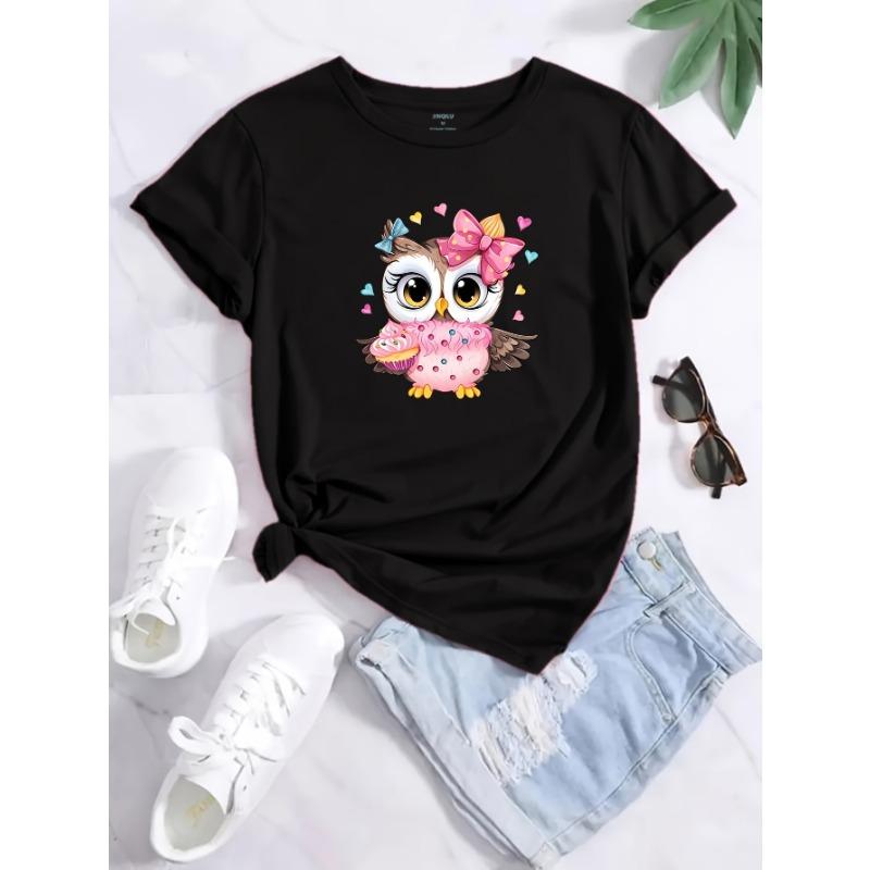 Cute Owl Print Crew Neck T-shirt, Casual Short Sleeve Top For Spring & Summer, Women's Clothing
