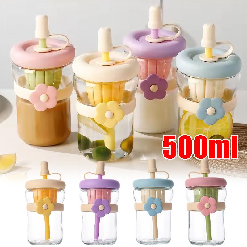 Glass Flower Cartoon Tea Strainer Cold Brew Straw Tumbler Leak-Proof Reusable Water Bottle With Floral Infuser Gift For Students